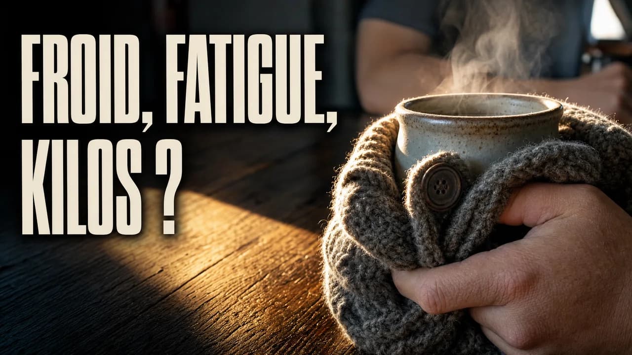 Une main qui resserre un gilet de laine autour d’une tasse fumante, à une table de cuisine baignée de soleil, avec la question « FROID, FATIGUE, KILOS ? ».