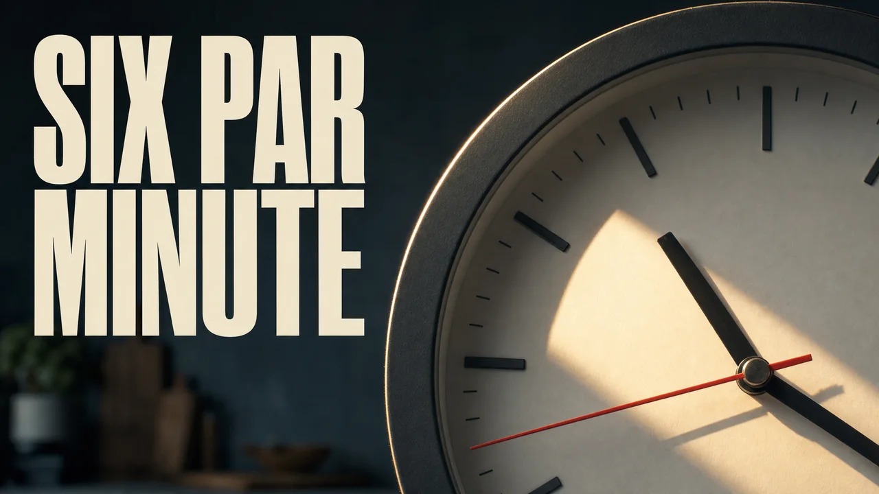Une horloge de cuisine ronde en gros plan, la trotteuse rouge à mi-course sur le cadran blanc, dans une lumière chaude sur fond sombre, avec la phrase « SIX PAR MINUTE ».